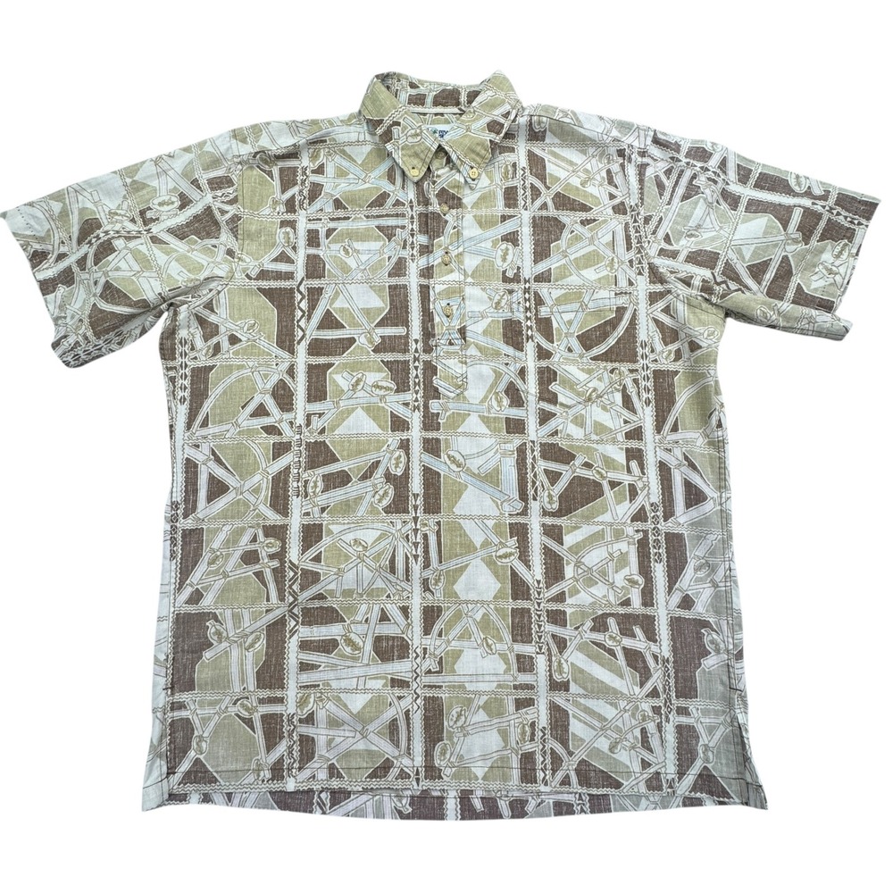 Reyn Spooner Hawaiian Shirt Mens M Brown Beige Pattern Short Sleeve Popover